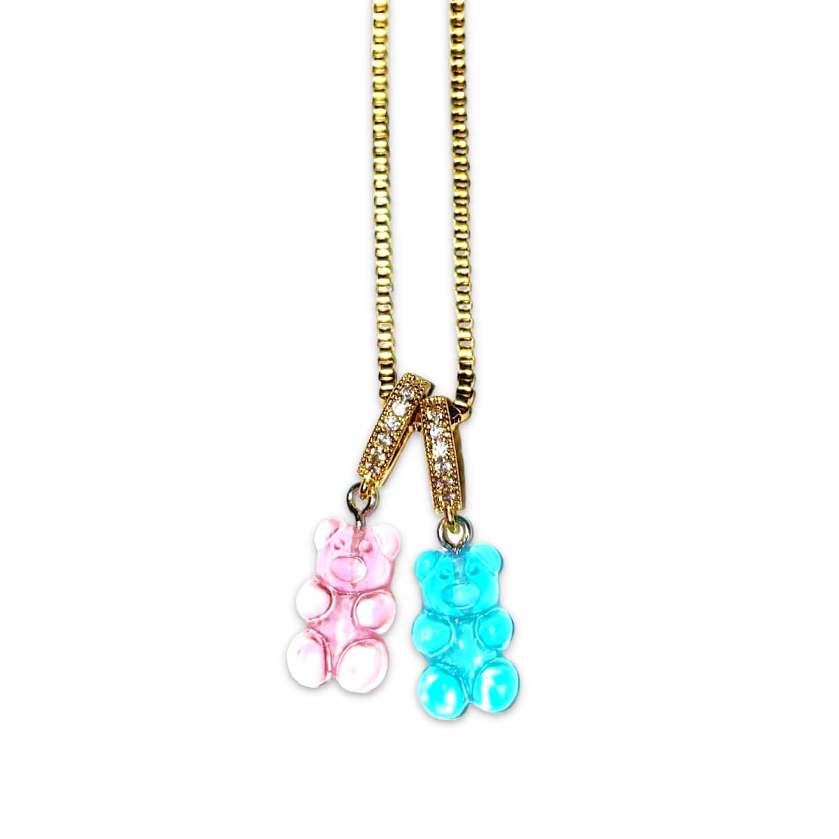 Cotton Candy Gummy Bear Necklace - 18 Inch Gold Chain With A Blue & Pink Bear Pendant - Gummy Bear Bling