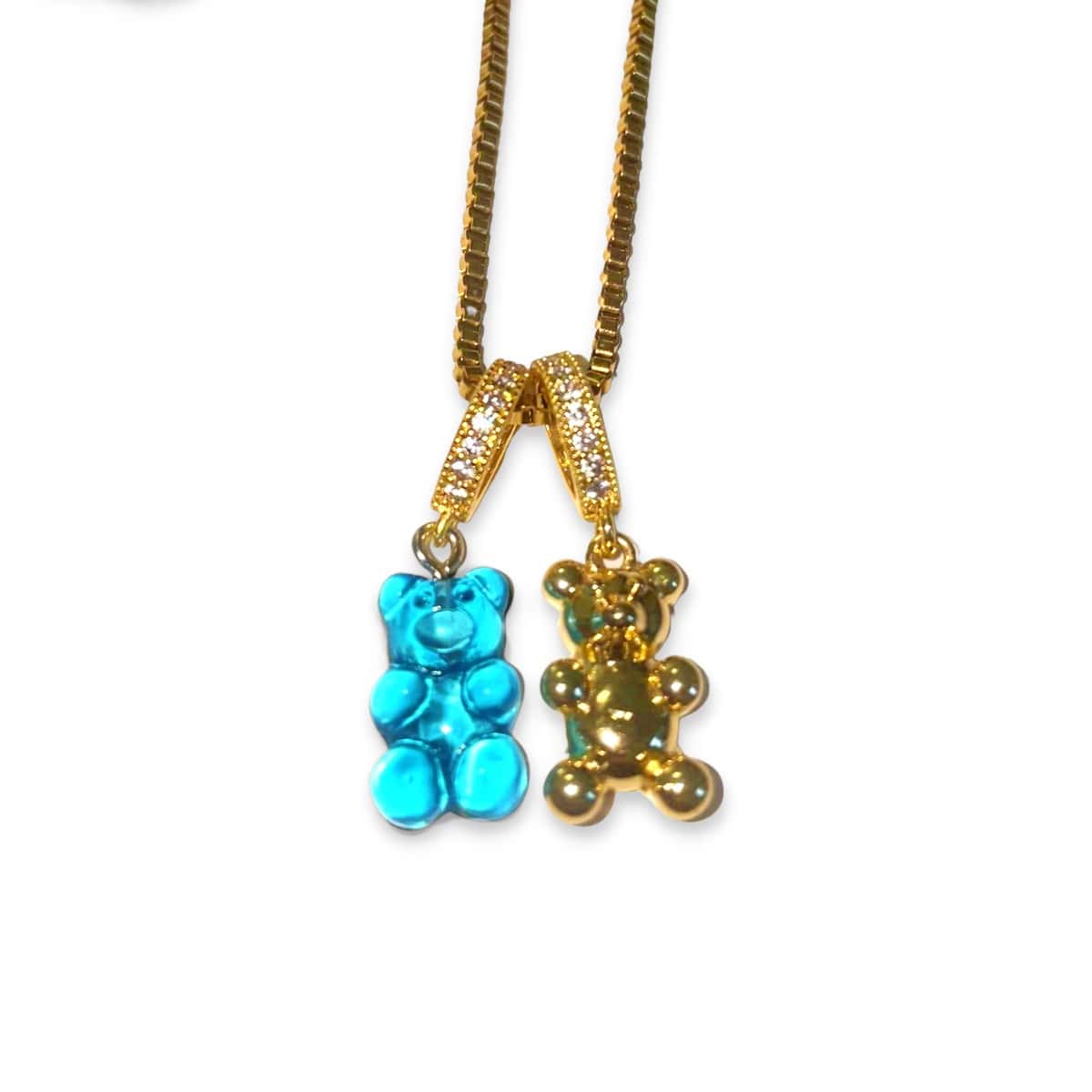 Blue & Gold Mixed Double Bear Necklace - Gummy Bear Bling