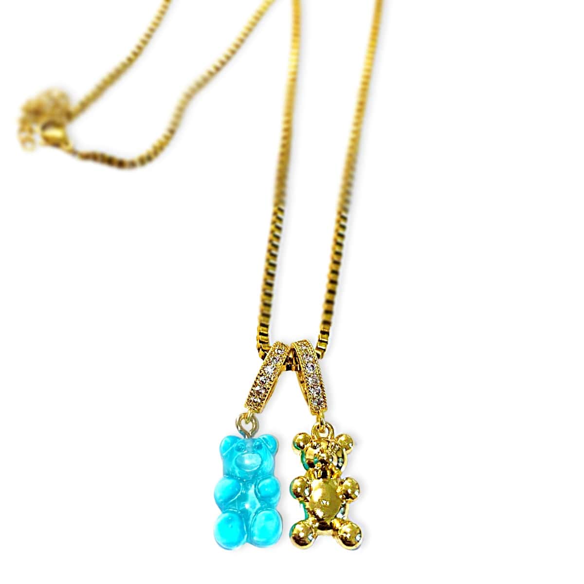 Blue & Gold Mixed Double Bear Necklace - Gummy Bear Bling