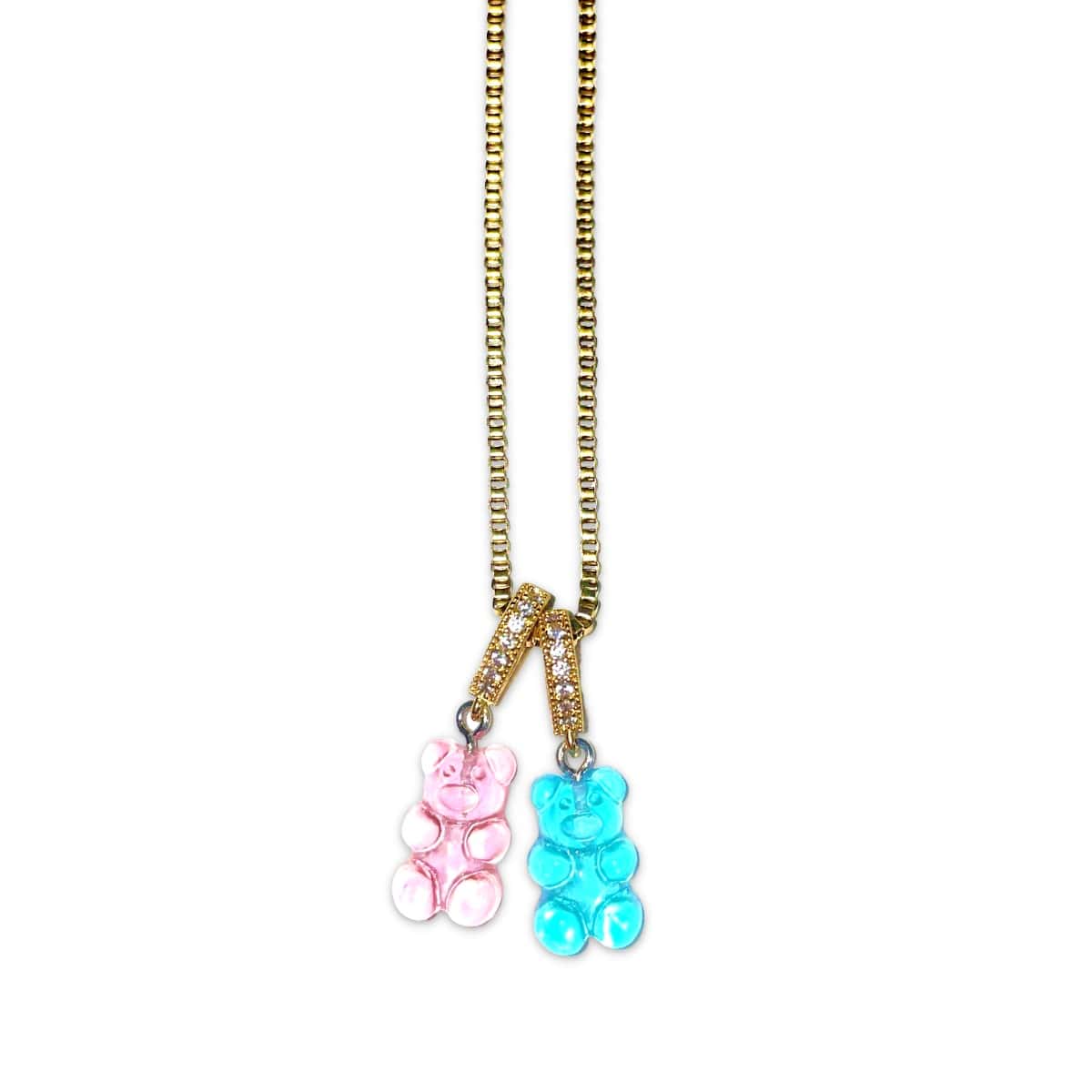 Cotton Candy Gummy Bear Necklace - 18 Inch Gold Chain With A Blue & Pink Bear Pendant - Gummy Bear Bling