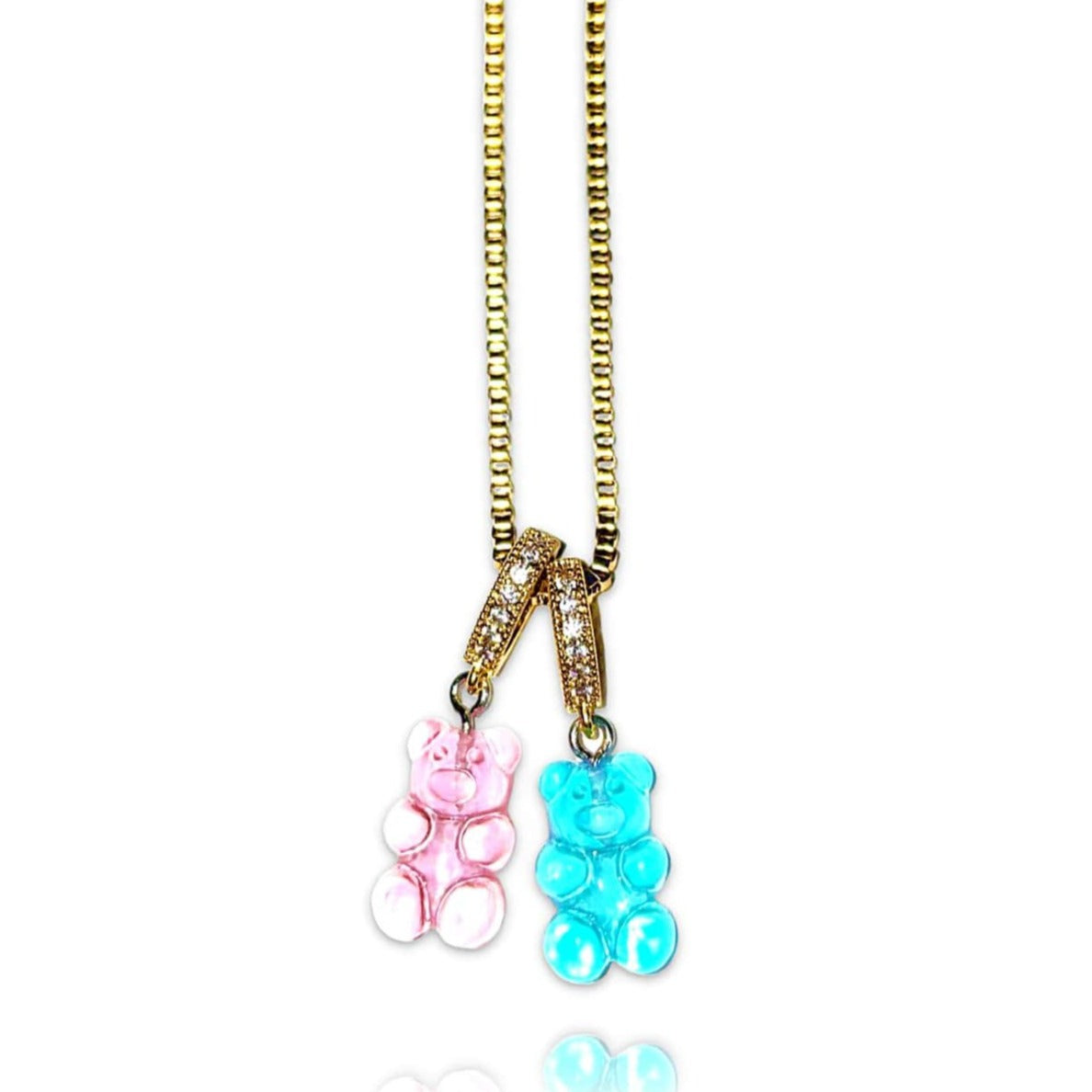 Cotton Candy Gummy Bear Necklace - 18 Inch Gold Chain With A Blue & Pink Bear Pendant - Gummy Bear Bling