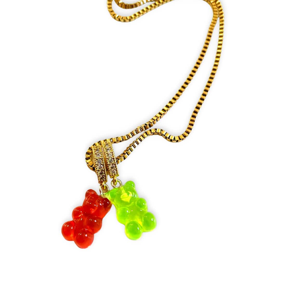 Red & Green Resin Bear Pendants Attached To A 18" Gold Box Chain - Gummy Bear Bling