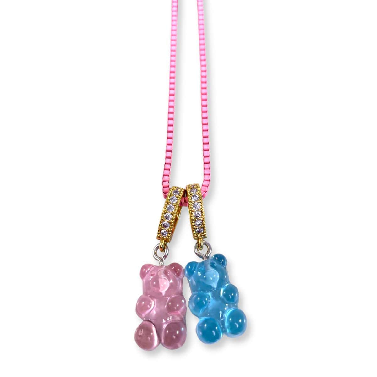 cotton candy double bear necklace with pink box chain - Gummy Bear Bling