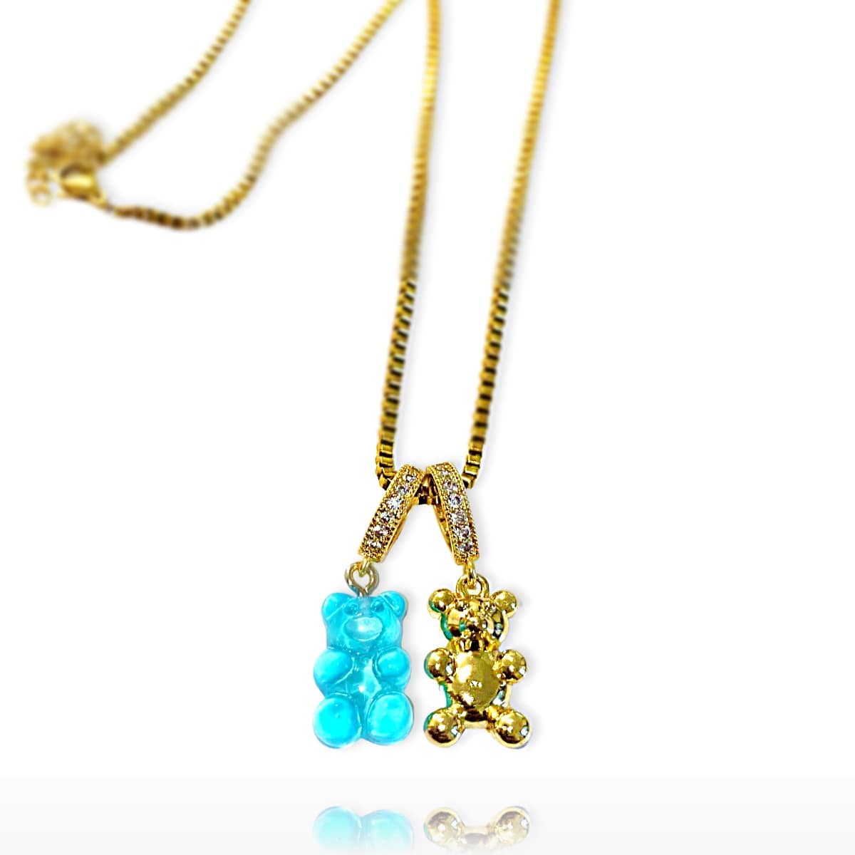 Blue & Gold Mixed Double Bear Necklace - Gummy Bear Bling