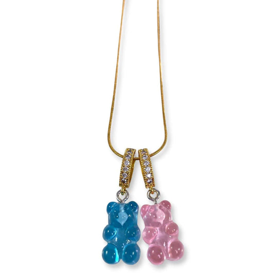 cotton candy double bear necklace with gold snake chain - Gummy Bear Bling