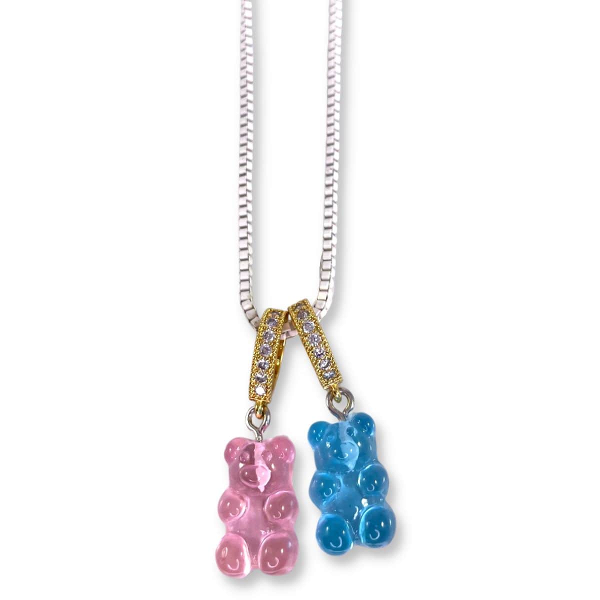 cotton candy double bear necklace with white box chain - Gummy Bear Bling