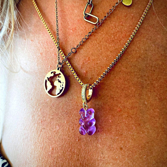girl wearing a gummy bear necklace, purple on 18k gold chain - Gummy Bear Bling