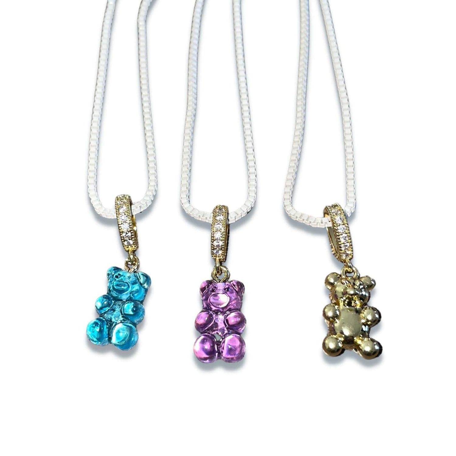 three Original gummy bear charm bracelets, blue / purple / gold on white chain bracelet - GummyBearBling